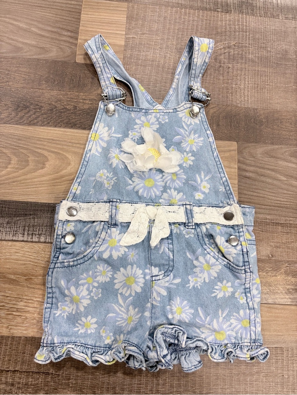 Girls Light Blue Daisy Denim Short Overalls with Bow